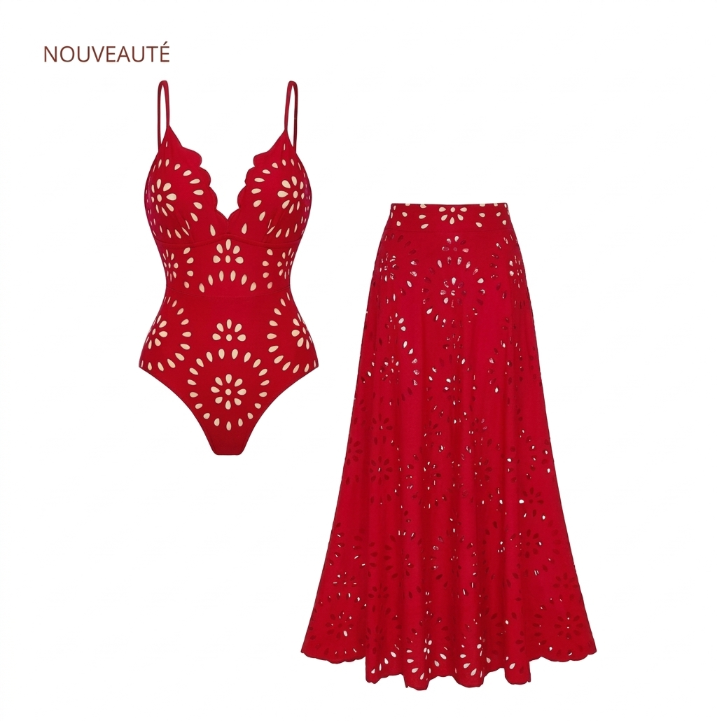 Set Riviera Rouge - Maillot Brodé + Jupe Maxi